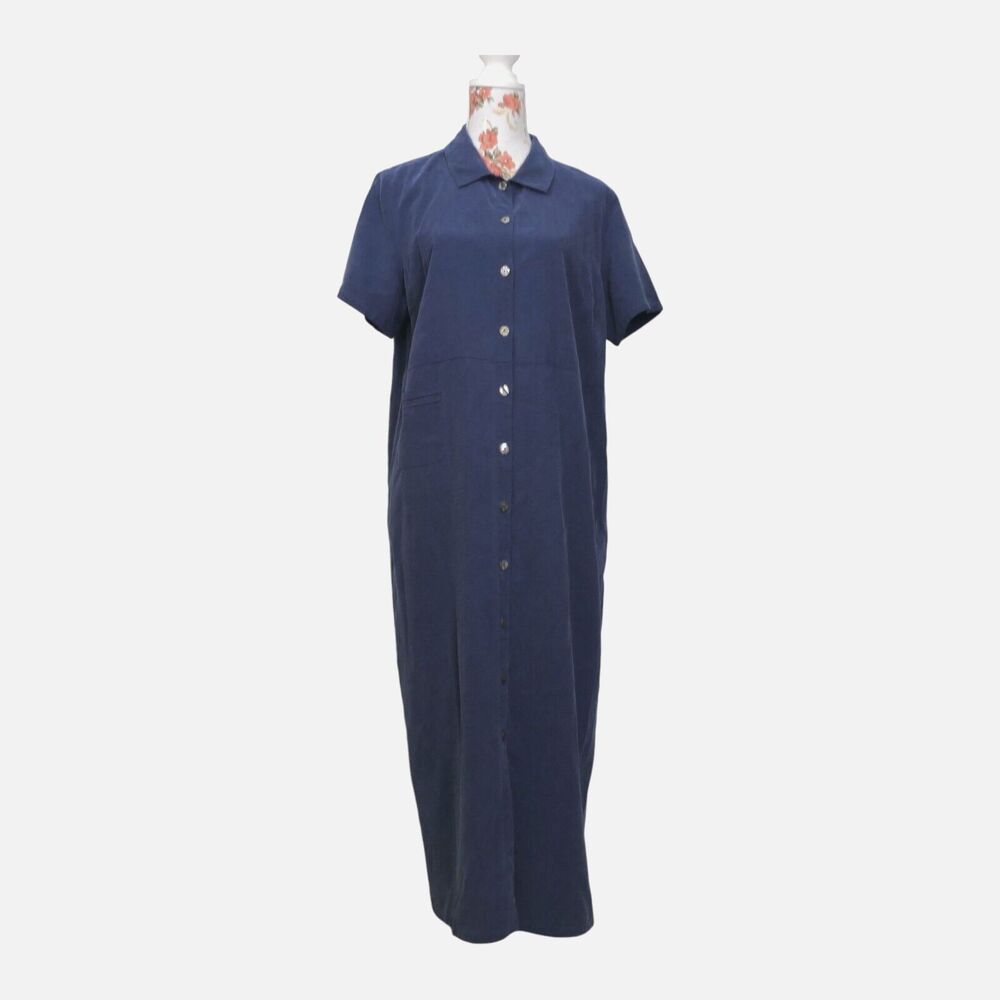 Talbots Sz 16 Women's Maxi Shirt Dress Blue Pocket Short Sleeve Casual Relaxed